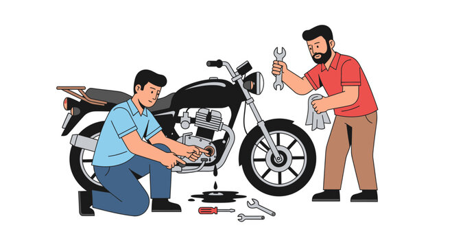 Two mechanics working on a motorcycle engine 1.