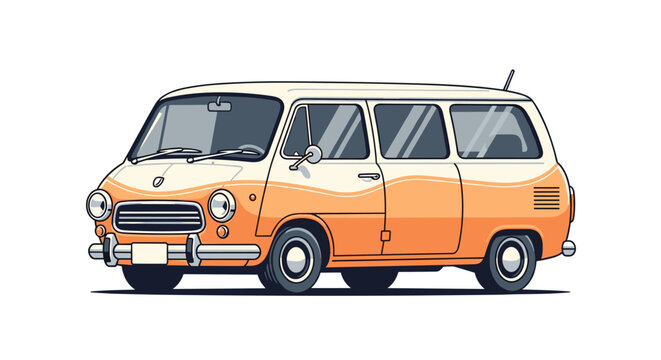 A charming, retro-inspired orange and white passenger van, perfectly rendered in a clean vector illustration style, evokes a sense of nostalgic travel and vintage adventure.