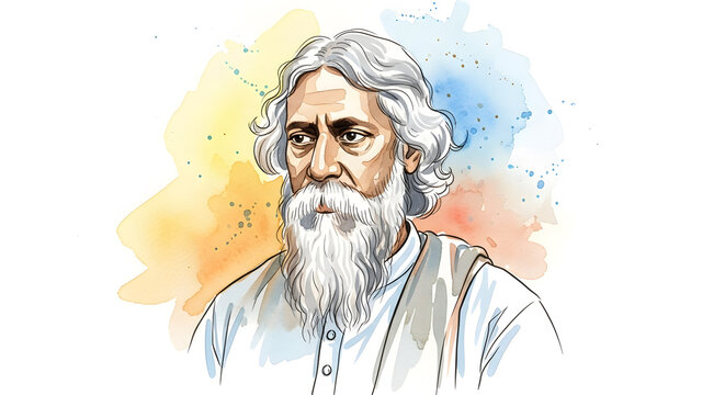 Rabindranath Tagore portrait watercolor painting illustration art splash color poet writer philosopher face design background image