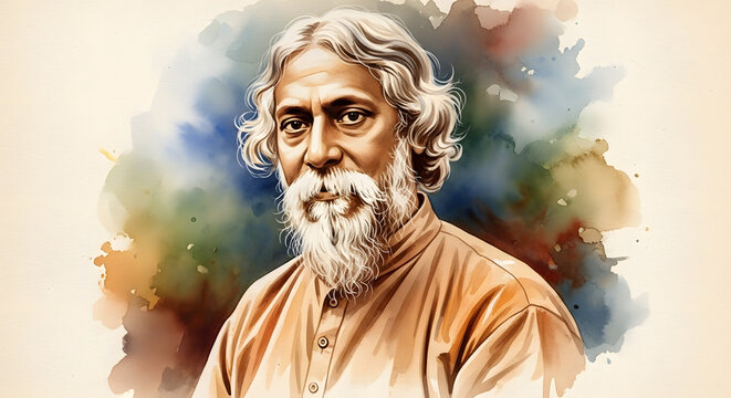 Rabindranath Tagore portrait watercolor painting art illustration color splash poet writer face texture background style picture