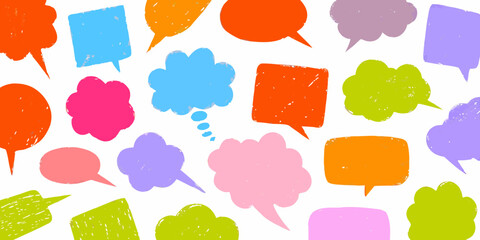 Colorful speech bubbles and thought balloons scattered across a white background © Provhash