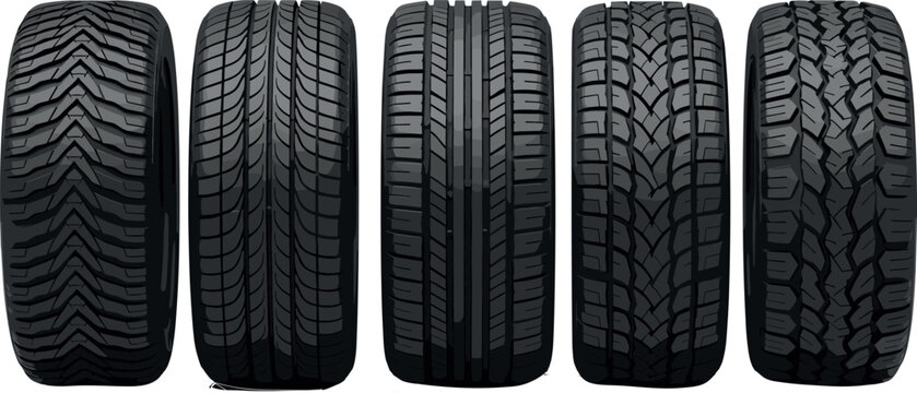 Car tire tread patterns set with different designs realistic vector illustration automotive rubber texture collection isolated background