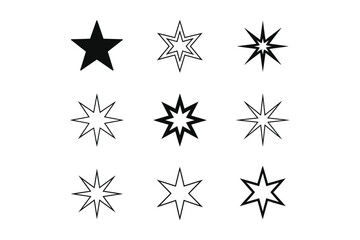 Obraz premium Stars abstract graphic icons in various outlines and filled forms on a white background, creative design elements.