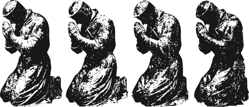 kneeling praying man silhouette in grayscale, repeated four times in sorrowful posture
