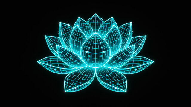 Wireframe Lotus Flower in Cyan 3D Rendering