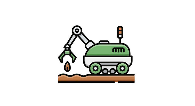 Green robotic farming machine arm digs.