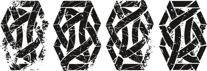 Obraz premium set of four black distressed polygonal shapes with irregular cutout patterns and rough textured edges