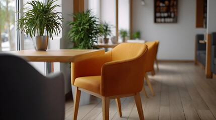 Fototapeta premium A bright minimalist cafe interior featuring modern orange seating natural wood tables and vibrant potted greenery