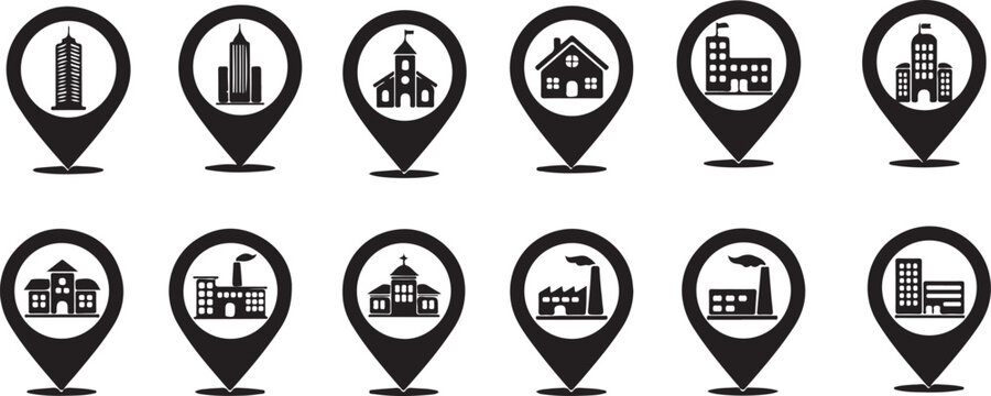 Black and white map pin icons with various building types  locations