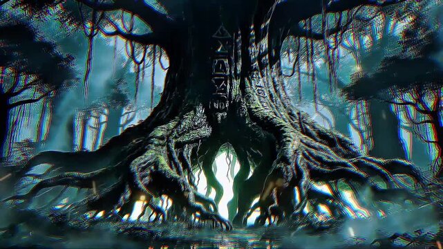 Mysterious tree roots in forest landscape.