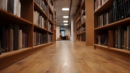Obraz premium An expansive view looking down a polished wooden aisle flanked by towering densely packed shelves of books in a library
