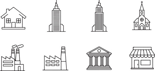 Fototapeta premium Line icons of various buildings and structures for urban planning and architecture designs