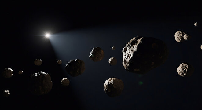 A vast astroid belt field floating in deep space with glowing stars and distant sun light illuminating dark rocky craters in the dark cosmic universe
