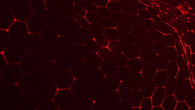 An animated futuristic hexagonal background. The red hexagonal grid undulates smoothly, like living digital fabric. Honeycomb structure. Animation in 4K resolution.