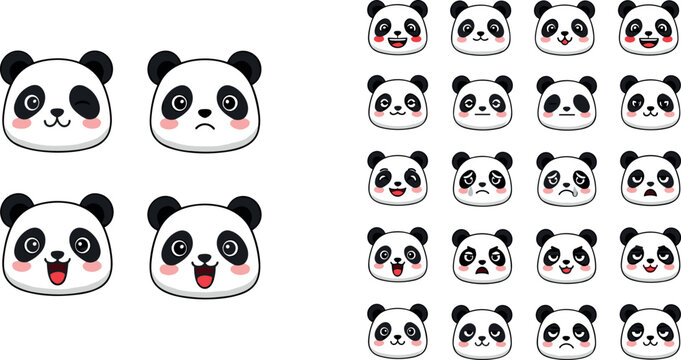 Cute panda face expressions set with different emotions cartoon vector illustration animal character icons collection isolated background
