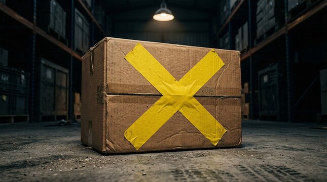 Cardboard Box Marked With Yellow Tape X In Dark Warehouse