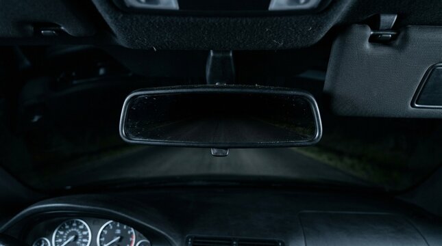Dark Night Road Reflecting In Car Rearview Mirror Interior
