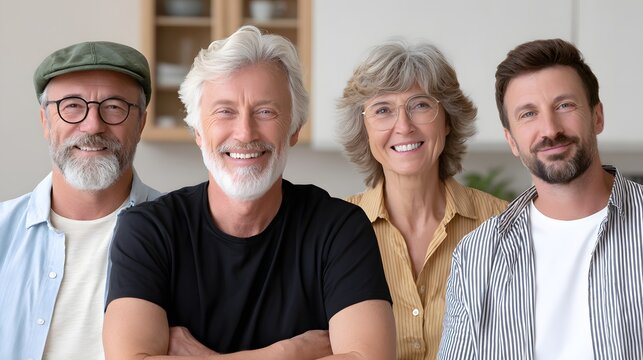 Group portrait of four smiling adults in a relaxed indoor setting