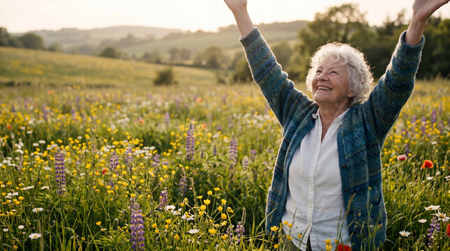 Bella signora pensionata di 80 anni felice in un prato fiorito pieno di fiori colorati in primavera