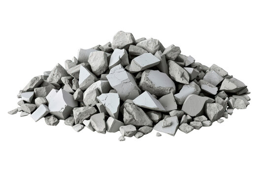 Discarded construction rubble forming a pile of broken concrete, debris, and crushed stones, isolated with transparent background