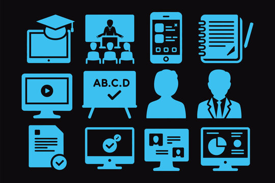 solid modern learning icon collection, MOOC platform, virtual classroom, interactive learning app, digital education, online course tools, e-learning dashboard, student performance tracking concept.