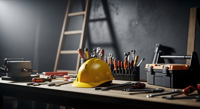 Construction tools and safety gear on a workbench in a dimly lit workshop