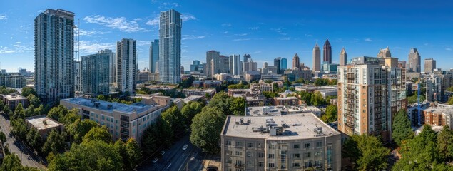 Naklejka premium Panoramic View of a Modern City Skyline with Tall Buildings and Lush Green Trees Under a Clear Blue Sky.