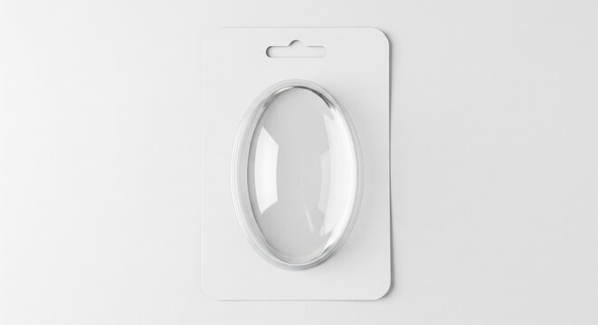 Clear oval blister pack packaging with hanging tab isolated on a clean white background