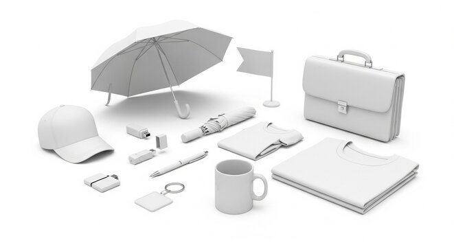 Collection of white promotional products and business merchandise on a clean white background