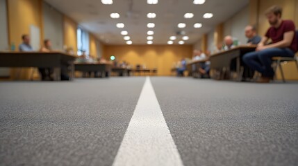 Obraz premium A perspective view down a carpeted corporate hallway where people are gathered for a collaborative professional meeting or conference