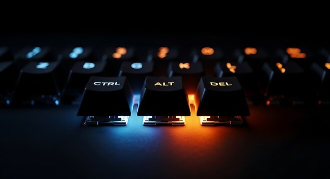 Close-up of illuminated Ctrl Alt Del keys on a gaming keyboard in a dark room.