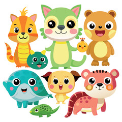 Obraz premium Cute Cartoon Animal Set Vector Illustration, Kawaii Zoo Characters Collection for Kids, Funny Baby Animals Isolated on White Background