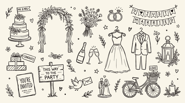Wedding celebration elements doodle art collection including cake, dress, suit, rings, flowers, bicycle, and invitation for event planning and decoration