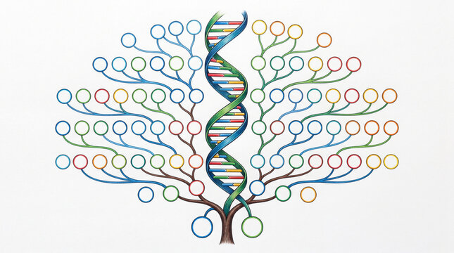 Colorful DNA double helix family tree infographic diagram illustrating genealogy, ancestry, and genetic heredity with blank circular nodes