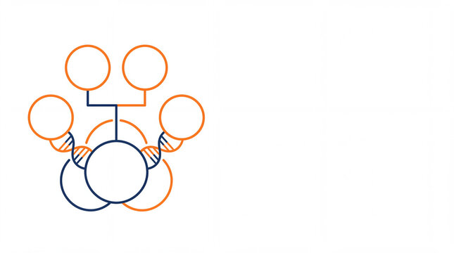 Abstract line art animal paw print graphic combined with DNA double helix and blank circular nodes representing pet genealogy, veterinary genetics, and breed pedigree, with copy space