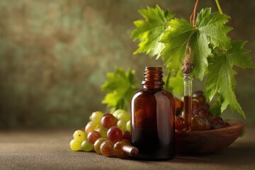 Naklejka premium Natural Grape Seed Oil Extract in Amber Bottle with Fresh Grapes and Leaves.