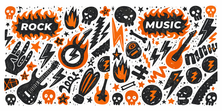 Bold rock and roll illustration featuring skulls flames and musical instruments