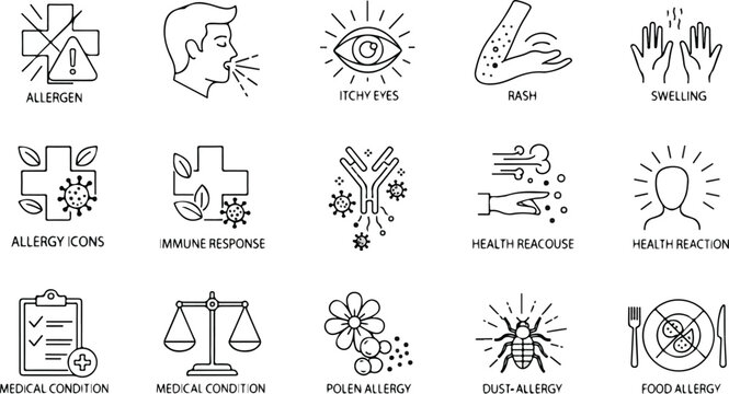 Allergy icons collection: allergic reaction, sneezing, itchy eyes, rash, swelling
