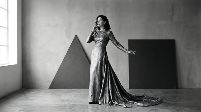 Elegant woman in a sparkling long dress posing in a minimalist studio with geometric shapes and large window.