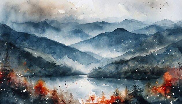 Vernmont Misty Mountain Lake: A Serene Autumnal Watercolor