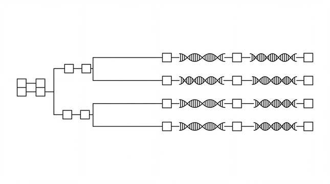 Abstract black and white phylogenetic lineage tree diagram with stylized DNA double helix connections and blank square nodes