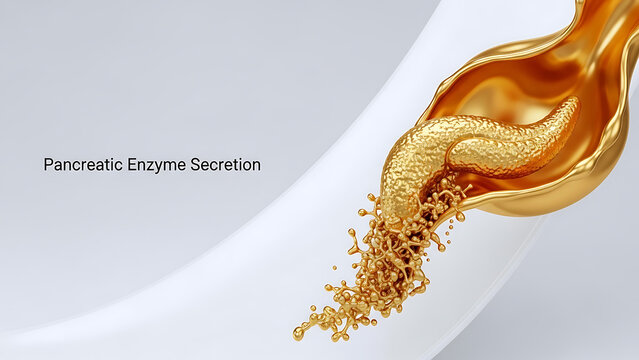 Pancreatic enzyme secretion process with digestive fluids flowing out  human body biology and healthcare concept