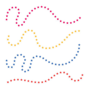 colorful star trail and wavy border set, curved star line decorative design elements, abstract star path pattern for festive background, minimalist star divider and wave collection