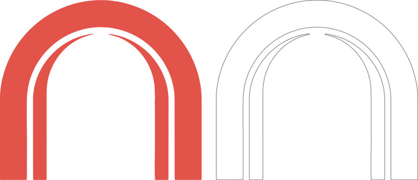 A red and a black outlined archway on a white background
