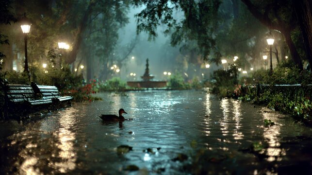 Nocturnal Serenity: Rainlit Park with Duck in Flooded Path