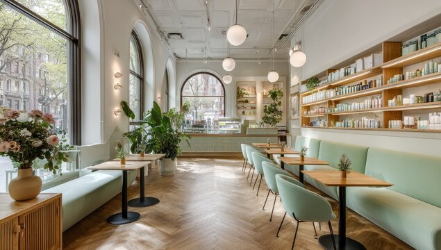Elegant cafe interior with light green seating and wooden tables.