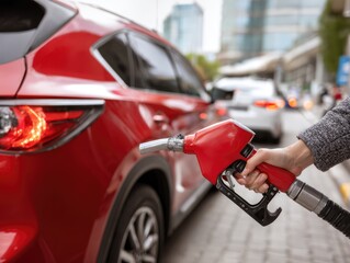 Naklejka premium Close-up of a red car being refueled at a gas station with a fuel nozzle.