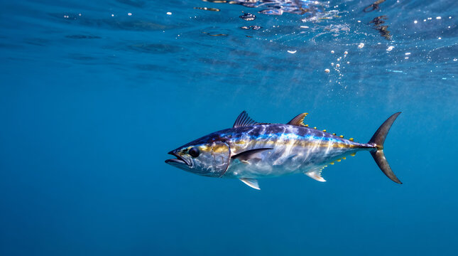 Close-Up Striking Yellowfin Tuna Swimming Gracefully in Deep Blue Ocean