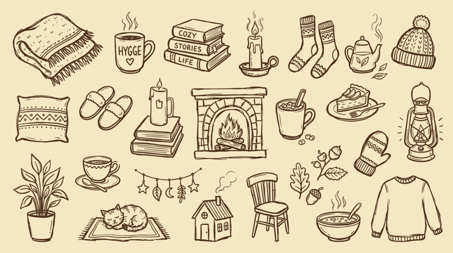 Cozy hygge illustration of winter comfort elements like fireplace, blanket, books, tea, and knitted items for a warm and inviting atmosphere