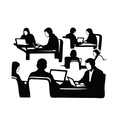 Fototapeta premium People working in a modern office space. Business team collaboration concept. Black and white silhouette vector illustration